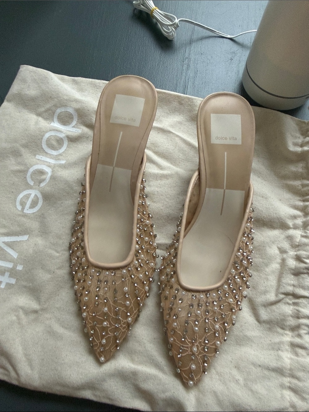 Dolce Vita Nude Beaded Pointed-Toe Mules with Crystal & Pearl Accents
